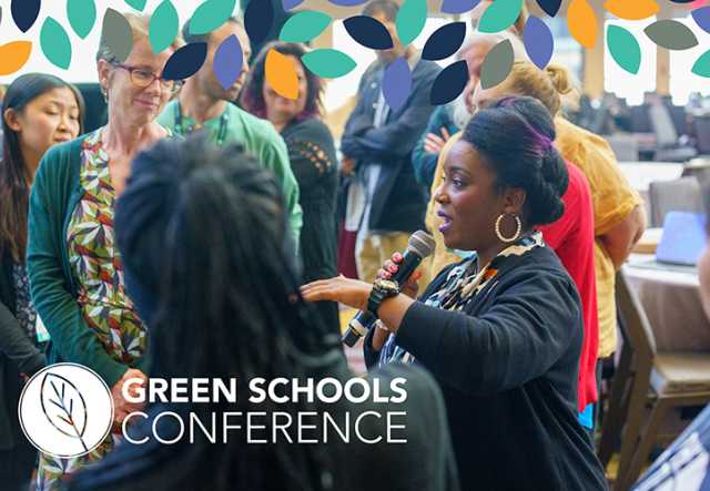 A speaker holds a microphone in a conference room. Text on image reads Green Schools Conference.
