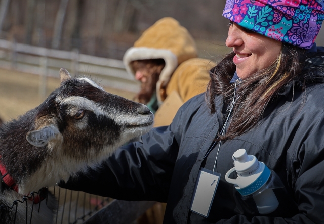 A person in a winter coat and hat smiles as they pet a goat over a fence