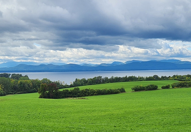 landscape of green field, treeline, with lake and mountains in distance under cloudy skies