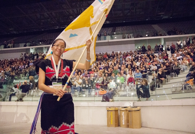 person carrying flag
