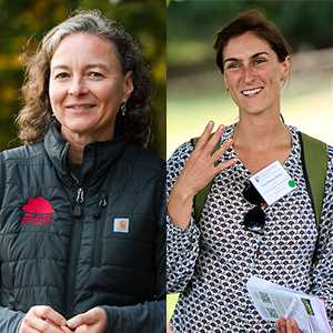 Two images side by side depict women smiling outdoors