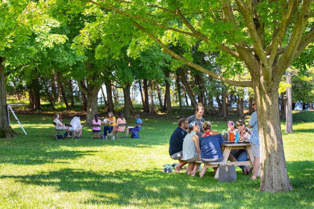 People enjoying meals and conversations at picnic tables in an outdoor setting with lush green trees.