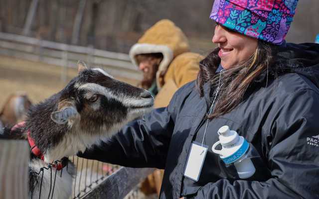 A woman smiles while petting a goat over a fence