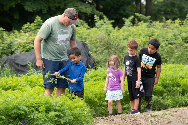 Group of students with an educator in garden pulling up carrots