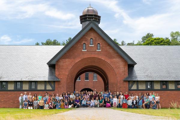 The 2022 Northeast Farm to School Institute and Adapters gather for a group photo during their summer kickoff retreat at Shelburne Farms' Coach Barn. Photo by Sarah Webb.