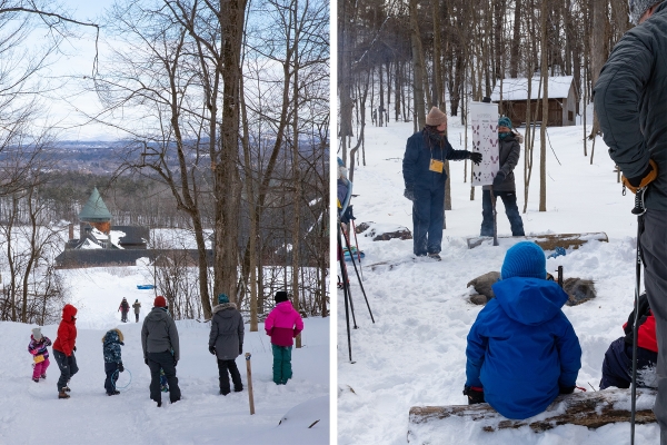 Educators Susie Marchand and Cat Parrish introduce families to the tracks they may find in the show before everyone heads off on the trails for their winter wildlife wander. Educators Susie Marchand and Cat Parrish introduce families to the tracks they may find in the show before everyone heads off on the trails for their winter wildlife wander.