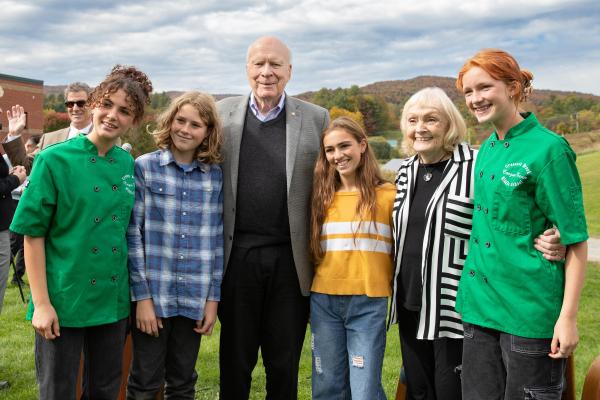 Senator Patrick Leahy and Marcelle Pomerleau Leahy celebrating Farm to School Month with students at Crossett Brook Elementary School, Duxbury, VT.
