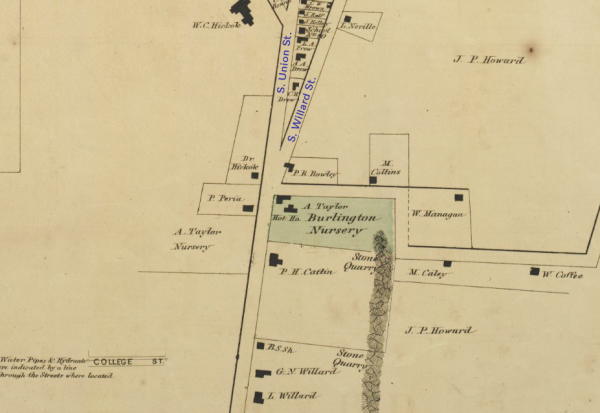 1869 map of section of Burlington showing Taylor's nursery business
