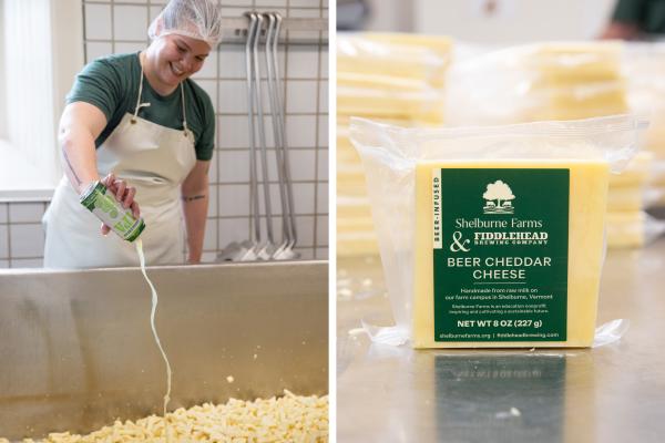 Left: For one day in April 2022, Fiddlehead IPA was poured into the cheesemaking vat to make our Beer Cheddar. Right: Our Beer Cheddar cut, packaged, labeled, and ready to hit the shelves! (Sarah Webb)