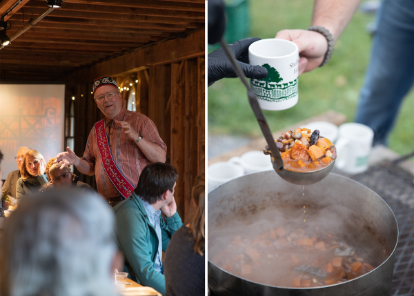 Left: Abenaki scholar Fred Wiseman. Right: Three Sisters Soup. Left: Abenaki scholar Fred Wiseman. Right: Three Sisters Soup.