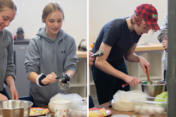 Seventh and eighth grade students make pancakes exclusively from local ingredients and discuss how where we live can affect our food choices, a look into the Big Idea of âinterdependence.â