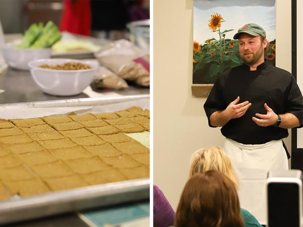 Spent grain crackers (left); Chef Jim McCarthy discussing composting efforts on the Farm at City Market (right).