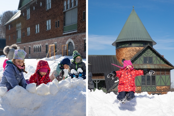 Adventurers enjoying the snow in the Farm Barn Courtyard.