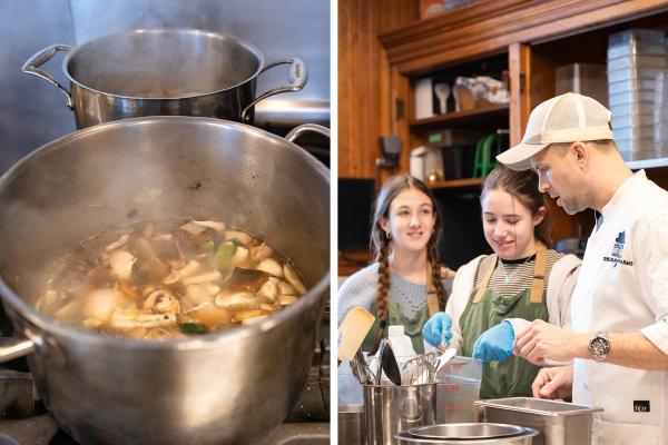 A simmering pot of mushroom broth before being strained; Students taste test the broth for balance of flavor and adjust as needed with Chef John Patterson.