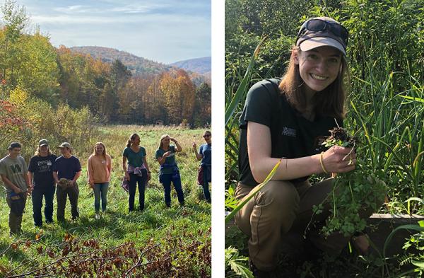 Woodstock Union Middle High School students gather in field; student crouches in garden