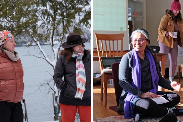 Eleven educators gathered for the Leadership Academy winter retreat, a year-long professional learning program offered in partnership with the University of Vermont. On right, Shelburne Farms board member and UVM Rubenstein School's Assistant Dean Marie Vea joined the group for a moving discussion on place and stories. (Andrea Estey) Educators at Orchard Cove in Winter for a Leadership Academy retreat.