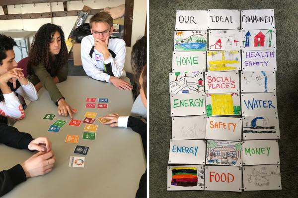 Left: Burlington High School students prioritize the SDGs. Right: JFK Elementary School students in Winooski, Vermont, developed their quality-of-life features list by creating drawings in response to the question, âWhat does our community need for every living thing to have a safe and healthy life?â The drawings were combined to create a paper quilt and students then connected their drawings to the SDGs, realizing the drawings touched on nearly all of the goals.