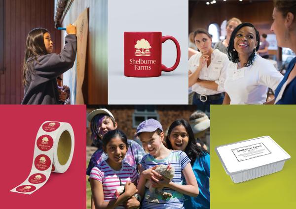 Photos of kids learning interspersed with branded products: mug, stickers, food label