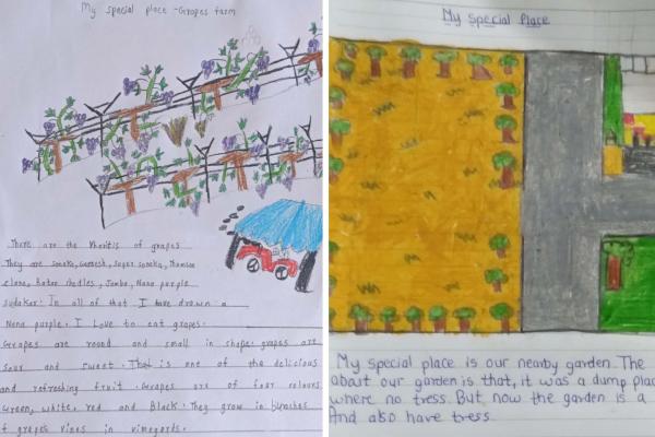 Two colorful student illustrations, part of the My Special Place activity
