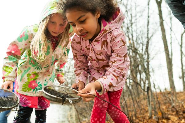 Two elementary-aged students inspect brown leaf litter skimmed off a pond in a sieve
