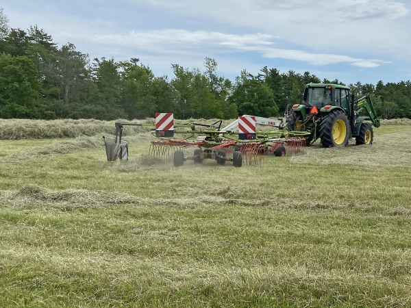 Raking. Farm Manager Sam Dixon rakes the field just south of the Welcome Center, the last field of our first cut in 2021.