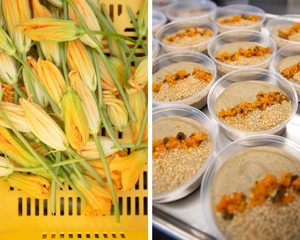 Squash blossom harvest at the Market Garden, baba ganoush being packaged in the Inn Kitchen. Squash blossom harvest at the Market Garden, baba ganoush being packaged in the Inn Kitchen.