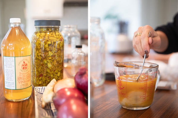 Once the mixture is finished steeping, the liquid poured off and mixed with raw honey.