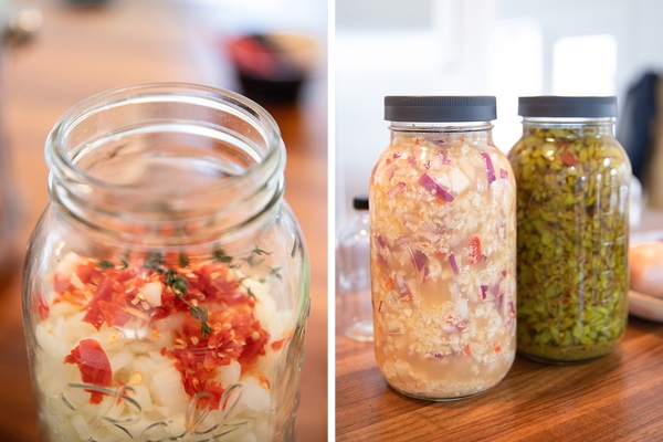 The ingredients before and immediately after the vinegar was poured to cover. The jar on the far right has been steeping much longer. The ingredients before and immediately after the vinegar was poured to cover. The jar on the far right has been steeping much longer.