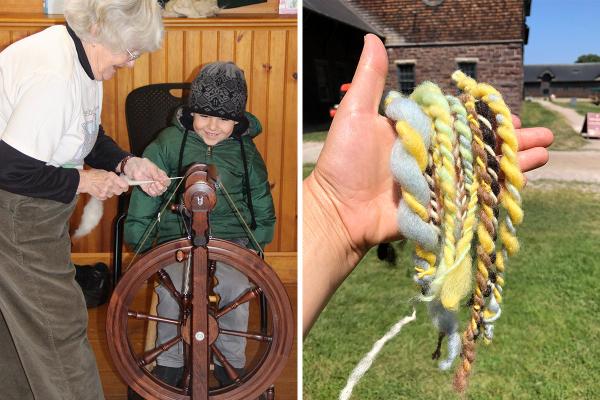 Spinning wool into yarn with a spinning wheel, and a beautiful collection of handspun yarn.