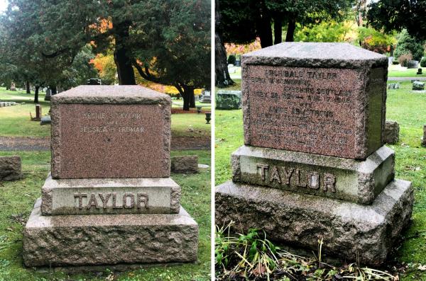 two photos together show the front and back of Arthur Taylor headstone