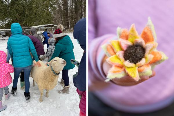 Left: Program participants meet our flock of education sheep (Cat Parrish). Right: A participant holds up their finished felted flower (Sarah Webb).