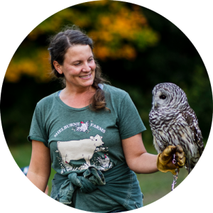 Cat Parrish Wright, Shelburne Farms educator, with owl on arm