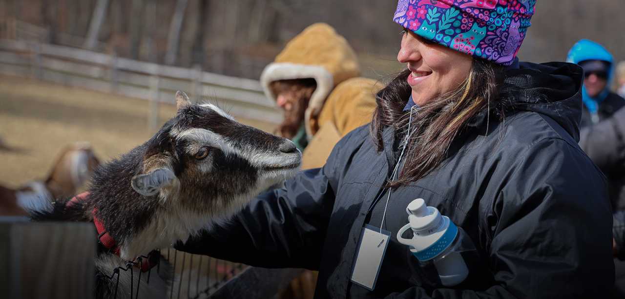 A person in a winter coat and hat smiles as she pets a goat over a fence