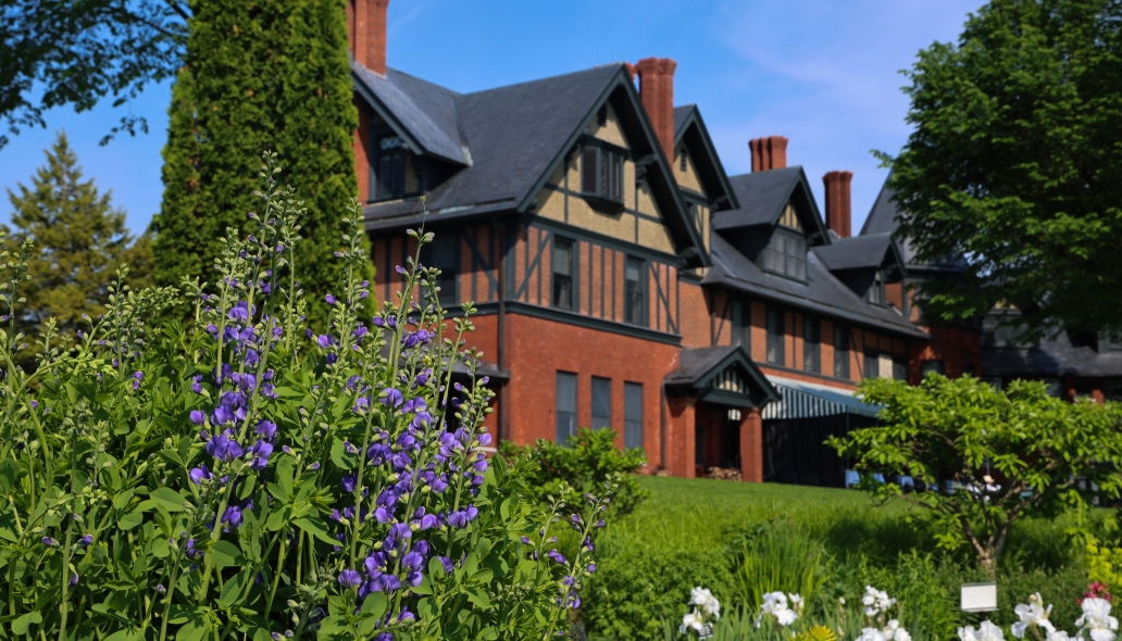A few of flowers in the Shelburne Farms Inn Formal Flower Gardens, with the structure of the Inn visible in the background.