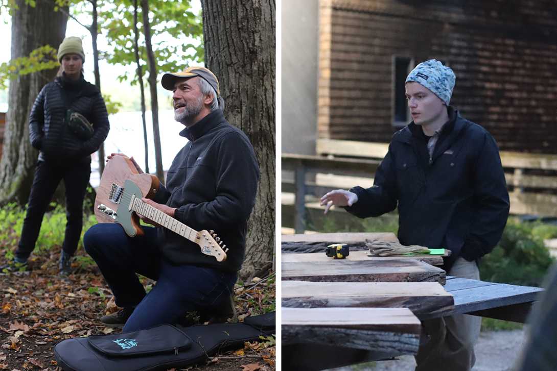 Two images: man in woods showing a guitar with woman watching and man in hat pointing at wooden boards
